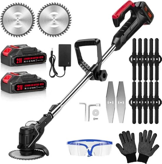 Traumheim® 3-in-1 Kantenmaaier –Opvouwbare grasmaaier – Bosmaaier – Grasmaaier – Draadloos & Elektrisch – Incl. 2 Accu ‘s & Snellader - zwart