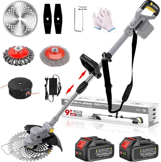 Traumheim 4-in-1 Accu Grasmaaier - Elektrische Grastrimmer met 2x 4.0Ah Accu & Lader - 4-in-1 Multifunctioneel Onkruidwieder met Voegenborstel & Staalborstel - 750W Accu Grasmaaier - Grijs van Merkloos	