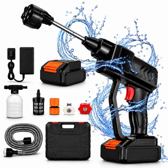 Traumheim® 6-in-1 Draadloz Hogedrukreinigerr - 24V Accu Hogedrukreiniger - met 2 Accu's - 240 l/h - 5m Waterslang - Autowasser voor Auto, Tuin en Camping