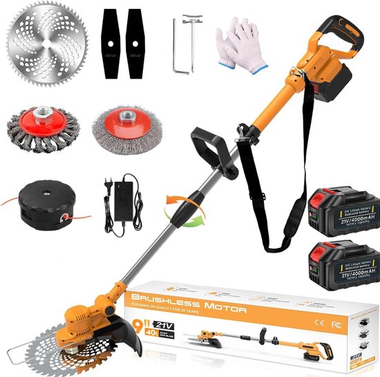 Traumheim Accu Grasmaaier - Elektrische Grastrimmer met 2x 4.0Ah Accu & Lader - Onkruidwieder voor Tuinonderhoud - Inclusief Onkruidborstel & Voegenborstel - 750W Accu Grasmaaier - Oranje van Traumheim