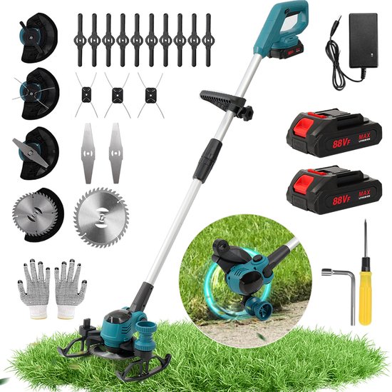 Traumheim® Accu - Grastrimmer - 21V - Telescopische stang - Steunwiel - Kantelbare steel - Plant beschermbeugel - Instelbare handgreep - Veiligheidsschakelaar - 2 accu en lader - Snoerloze grasstrimmer van Traumheim