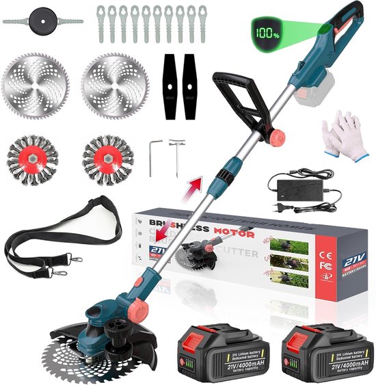 Traumheim Accu Grastrimmer - 750W Accu Grasmaaier met 2x 4.0Ah Accu's & Lader - Onkruidwieder & Voegenborstel - 90° Draaibare Kop - 23CM Snijbreedte - Elektrische Grastrimmer van Traumheim