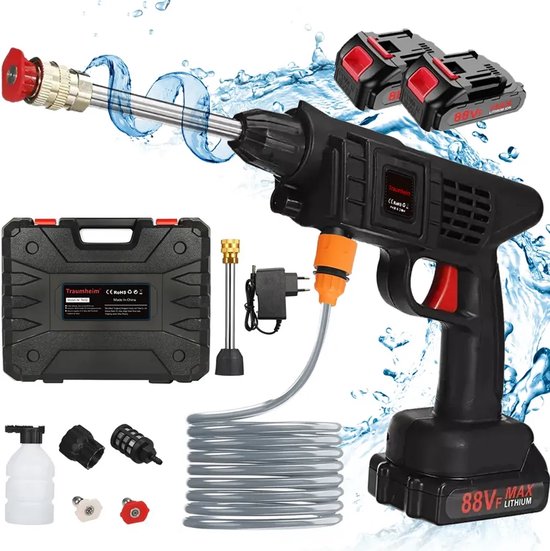 Traumheim® Accu hogedrukreiniger - 21V 400W draadloze draagbare hogedrukreinigers - autoreiniger met 2*1500mAh accu's - 5 m slang, voor auto's, tuinen en opslag