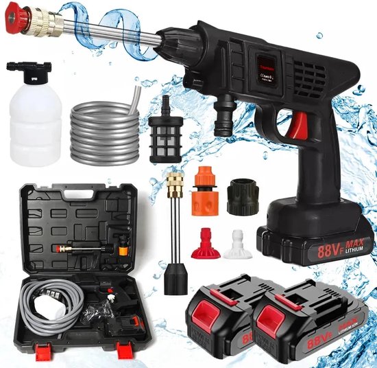 Traumheim® Accu hogedrukreiniger - 88VF 1500W draadloze draagbare hogedrukreiniger - autoreiniger met 2 accu's - 5 m slang, voor auto's, tuinen en opslag van Traumheim