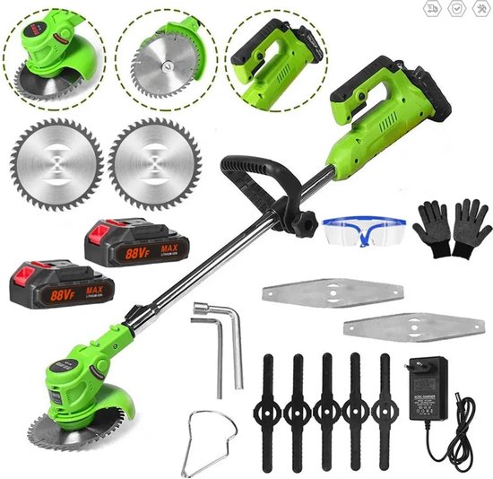 Traumheim® Accugrastrimmer 21V met 2 accu's, bosmaaier, bosmaaier, met accu en oplader, telescoopsteel & extra handgreep, groen
