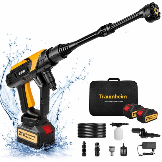 Traumheim® DT Hogedrukreiniger - Accu hogedrukreiniger - met verlengstang - 68 bar - 240 l/u - 5m waterslang - 400 W - 2×4000 mAh