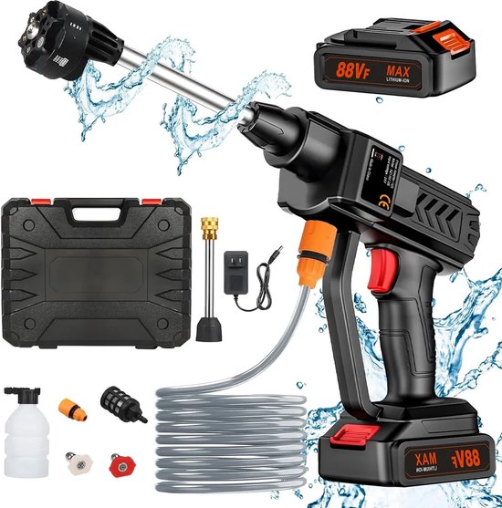 Traumheim® Hogedrukreiniger - op batterijen - 300W hogedrukreiniger -- Krachtige hogedrukspuit - autoreiniger - met 2 batterijen - slang van 5 m - voor het reinigen van auto's, besproeien- 2* 1500mAh batterijen van Traumheim