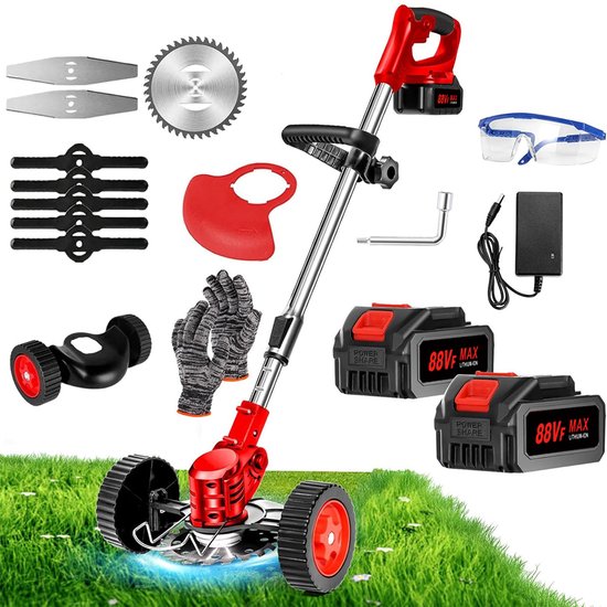 Traumheim®Accu-grasmaaier 21V met 2 accu's en oplader – Grastrimmer – Bosmaaier – Freischneider & Motorsense met telescopische steel + extra handgreep - met wielen - rood van Merkloos	