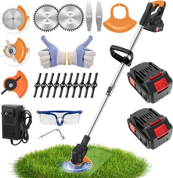 Traumheim®Accu-grasmaaier 21V met 2 accu's en oplader – Grastrimmer – Bosmaaier – Freischneider & Motorsense met telescopische steel + extra handgreep- Zwart, voor Tuin van Traumheim
