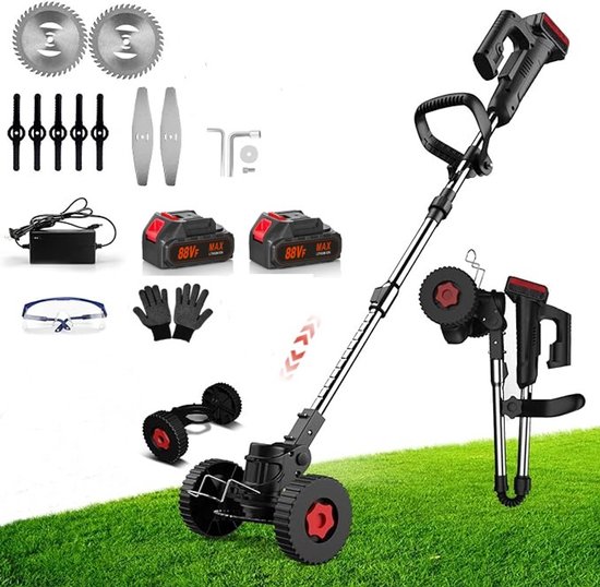 Traumheim®Accu-grasmaaier 21V met 2 accu's en oplader – Grastrimmer – Opvouwbare grasmaaier met wielen – Freischneider & Motorsense met telescopische steel + extra handgreep - zwart van Traumheim