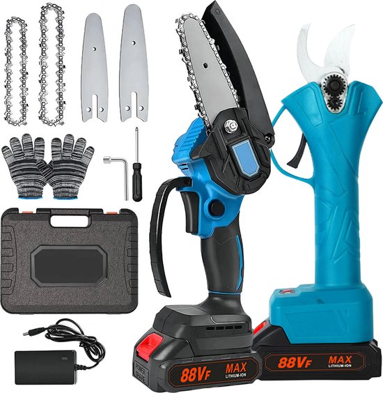 Traumheim®Elektrische Snoeischaar - 2 in 1 Mini Kettingzaag - Bloemenschaar, Takkenschaar, Heggenschaar Elektrisch - 2 Accu's met Acculader - Incl. Opbergbox Tuin gereedschap van Merkloos	