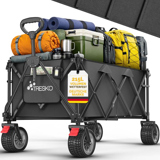 TRESKO® Bolderwagen opvouwbaar 215L met rem | Handwagen inklapbaar 150kg incl. massief rubberen banden | Opvouwbare strandwagen extra brede all-terrain wielen | Transportwagen met draagtas van Merkloos	
