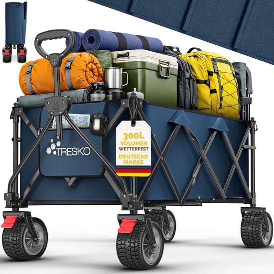 TRESKO® Bolderwagen opvouwbaar 300L met rem | Handwagen inklapbaar 150kg incl. massief rubberen banden | Opvouwbare strandwagen extra brede all-terrain wielen | Transportwagen met draagtas van Merkloos	