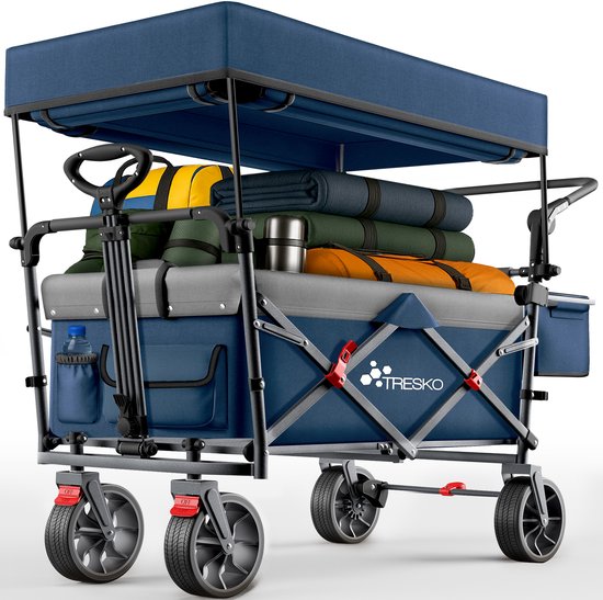 TRESKO® Opvouwbare bolderkar met dak, koelvak en zijrolluiken, handwagen, max. belastbaar tot 150 kg, transportwagen met massief rubberen banden en parkeerremmen (voor en achter) en 3-punts gordel van Merkloos	