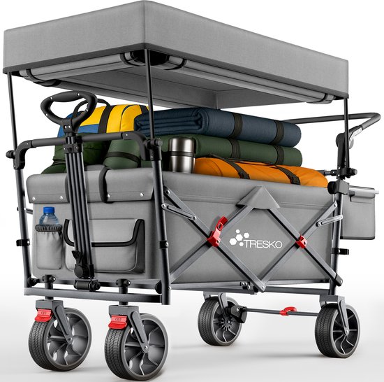 TRESKO® Opvouwbare bolderkar met dak, koelvak & zijrolgordijnen | handwagen max. belastbaar tot 150 kg | transportwagen met massieve rubberen banden & handremmen (voor & achter) en 3-punts van Merkloos	