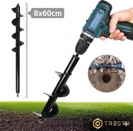 TRESTO - Grondboor - Grondboor voor boormachine - Bollenplanter - Palenboor - Boor - Tuin - 60X8 CM