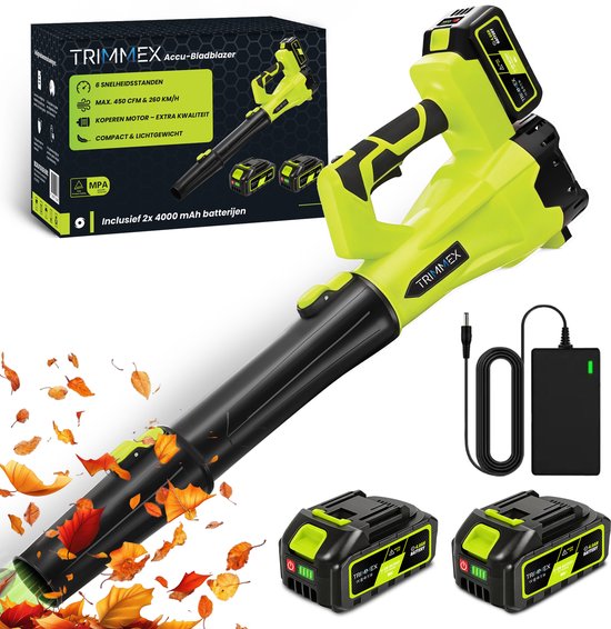 Trimmex Accu Bladblazer 20V – blazer - luchtsnelheid 260 km/u - extra krachtige 2x 4.0Ah accu - Groen van Merkloos	