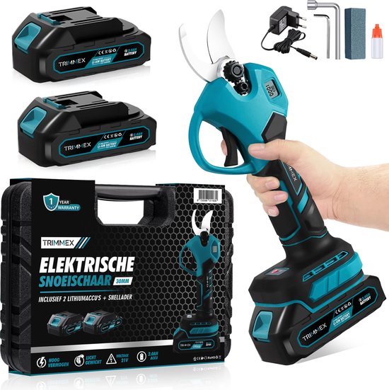Trimmex® Elektrische Snoeischaar - 32mm Snijdiameter - Accu Snoeischaar - Takkenschaar - Heggenschaar - Incl. olie reservoir, slijpsteen, Opbergkoffer, 2 Accu’s - Blauw van Merkloos	