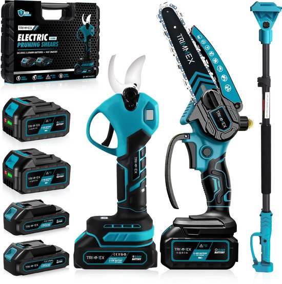 Trimmex® Mini kettingzaag + Elektrische snoeischaar + Telescopische steel - 3 in 1 set - Incl. 4 Accu's - Snoeien bundel