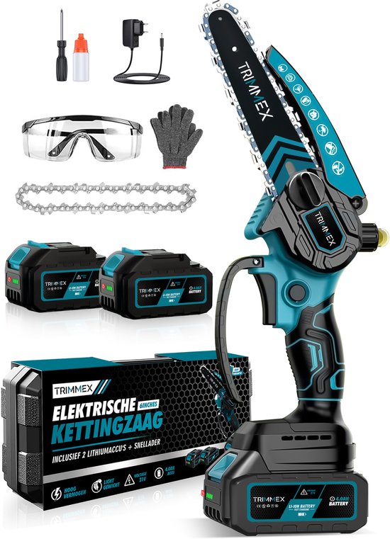 Trimmex® Mini kettingzaag Inclusief 2 Led-Accu's - 2X 4000mAh - Elektrisch Handkettingzaag - Snoeizaag - Takkenzaag - Handzaag - Boomzaag - Automatische Kettingsmering - Brushless van Merkloos	