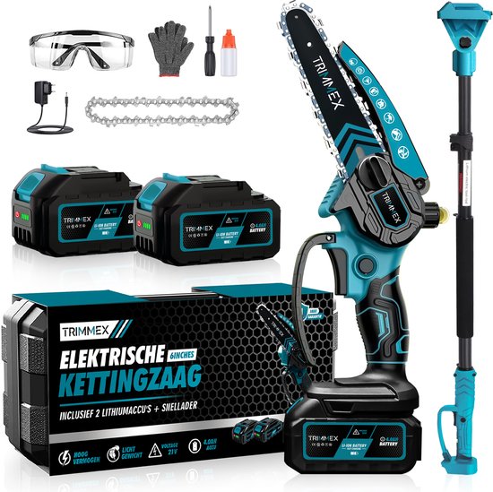 Trimmex® Mini kettingzaag + Telescopische steel - Inclusief 2 Led-Accu's - 2X 4000mAh - Elektrisch Handkettingzaag - Snoeizaag - Takkenzaag - Handzaag - Boomzaag - Automatische Kettingsmering - Brushless van Trimmex