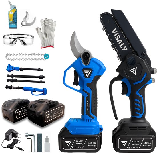 Triple Snoeiset 3-in-1 - Elektrische Snoeischaar + Mini Kettingzaag + Telescopische Steel - Incl. Opberkoffers + 4 accu's van Merkloos	