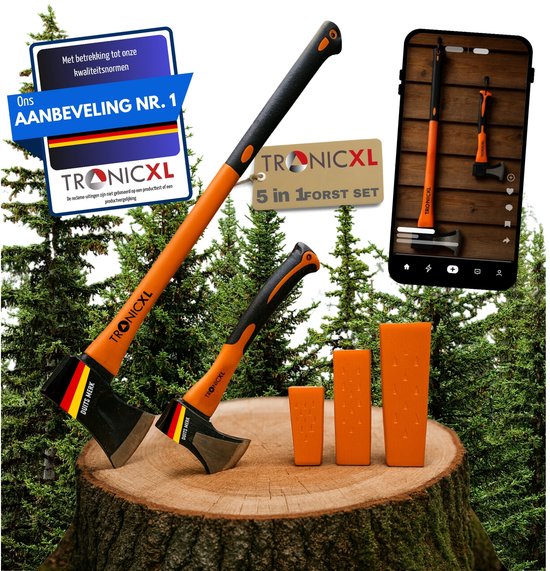 TronicXL 5in1 Bosbouwset – Kloofbijl 2000g + Handbijl 600g + 3 Splijtkeilen – Fiberglas Stelen – Outdoor Bijl Set voor Hout Hakken Bushcraft Camping Survival van Merkloos	