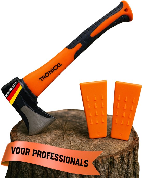 TronicXL Handbijl 900g met 2 Splijtkeilen – Compacte Kloofbijl met Fiberglas Steel – Outdoor Bijl voor Bushcraft Camping Survival en Aanmaakhout – Inclusief Beschermhoes