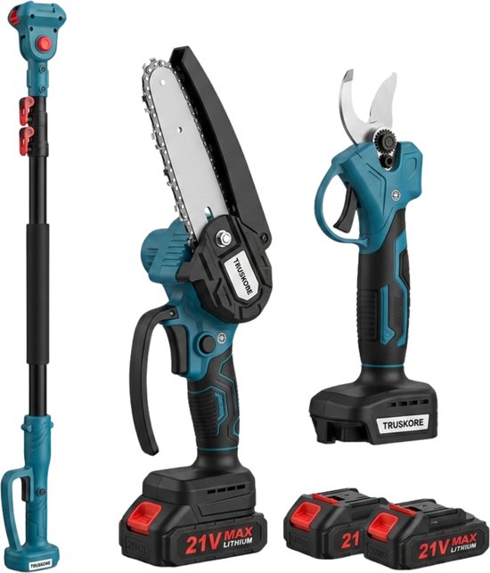 Truskore 4-in-1 Accu Tuingereedschap Set 244cm - Telescopische Snoeischaar & Telescopische Mini Kettingzaag - Mini Kettingzaag & 25 mm Elektrische Snoeischaar - 21V Li-Ion - 8 inch - Incl. 2 Accu's, Lader & Koffer