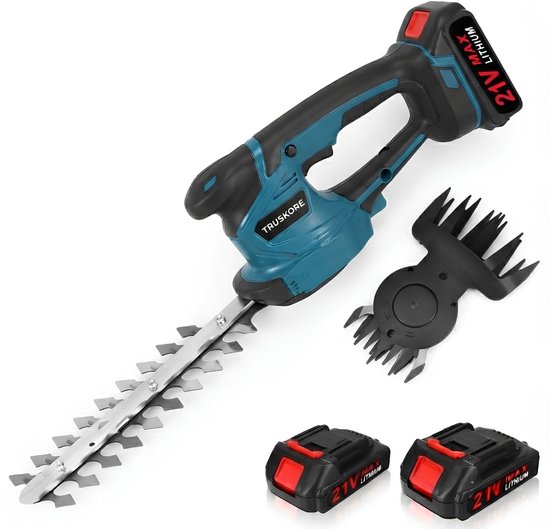 Truskore Accu Heggenschaar - - Elektrische Grasschaar - Draadloze Snoeischaar - Heggenknipper - Incl. Buxusschaarmes & Grasschaarmes - 2 Accu's - Blauw