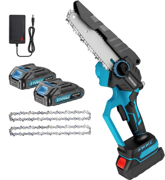 Truskore Mini kettingzaag 20cm - Accu Kettingzaag - Snoeizaag - Takkenzaag - Handzaag - Inclusief Opbergkoffer, 2 Accu's (4.0Ah) & 2 Kettingen