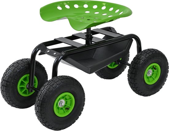 TRUTZHOLM Tuinscooter met Plank Staal 150kg - 360° Zwenkbaar Hoogte Verstelbaar - Heavy Duty Verrijdbare Tuinstoel Luchtbanden