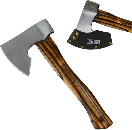 TRUTZHOLM Vintage Handbijl 500g - Gevlamd Hickoryhout 320mm - Gesmede Stalen Trekkingbijl Outdoor met Lederen Bescherming van TRUTZHOLM
