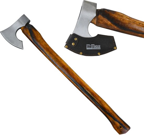 TRUTZHOLM Vintage Staal - 850g Kop Houthakkersbijl 700mm - Gevlamd Hickory Hout Handbijl inclusief Leren Beschermer