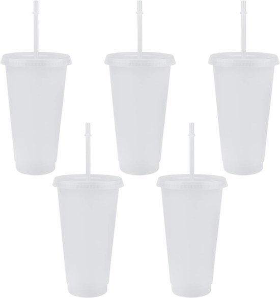 TSLBW 5 stuks herbruikbare plastic bekers/tumblers, acrylbekers met deksels en rietjes, bulk, voor koud water en koffie, reisbekers/party tumbler, 710 ml, transparant, (bg143)