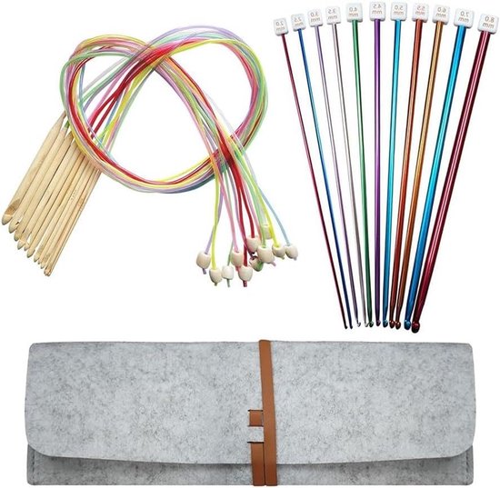 TsoLay Tunesische hakenset met etui: set van 24 Tunesische bamboe haken met kabel en aluminium Afghaanse haken