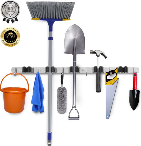 TTD® Luxe XXL Bezemhouder en Bezem Ophangsysteem voor Gereedschap - Bezemhouder Zelfklevend - Gereedschapshouder - Schoonmaak - 5 Ophanghaken & 6 Gereedschapsklemmen - Opbergsysteem - Tuingereedschap - Klussen - 62 CM - RVS - Inclusief 3M tape van TTD®