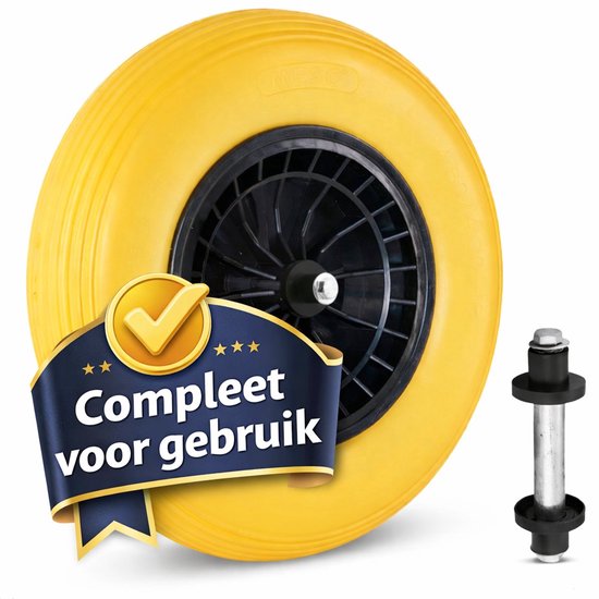 Tuilana ® - Anti lek Kruiwagenwiel 400x8, stevig plastic velg met rollager, Draagvermogen 150kg, asgat 20mm INCL. 130mm AS van Merkloos	