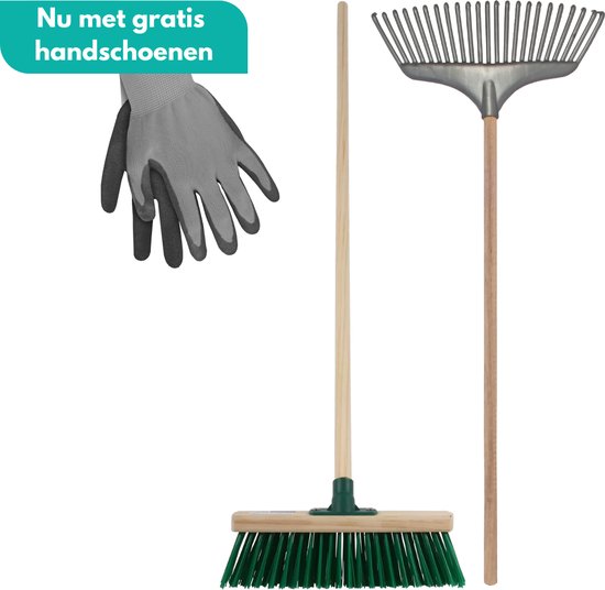 Tuilana ® – COMBIDEAL - Bladhark + Bezem - Essenhouten stelen - 120 cm - Met gratis tuinhandschoenen van Tuilana