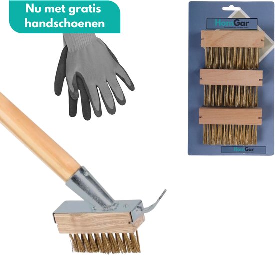 Tuilana ® - COMBIDEAL - Onkruidborstel - Essenhouten steel - 160 cm - Met 3 reserve borstels - Met GRATIS tuinhandschoenen van Tuilana