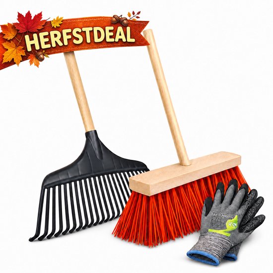 Tuilana ® - HERFSTDEAL - Bladhark + Bezem - Essenhouten stelen - 120 cm - Met gratis tuinhandschoenen