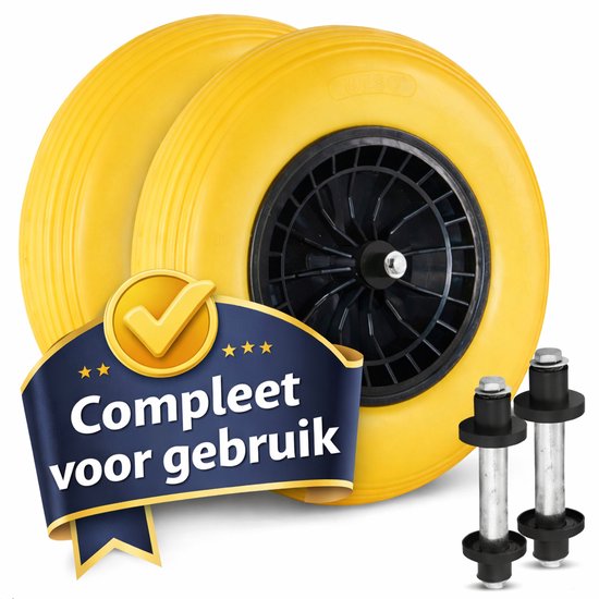 Tuilana ® - SET van 2 - Anti lek Kruiwagenwiel 400x8, stevig plastic velg met rollager, Draagvermogen 150kg, asgat 20mm INCL. 130mm AS van Merkloos	