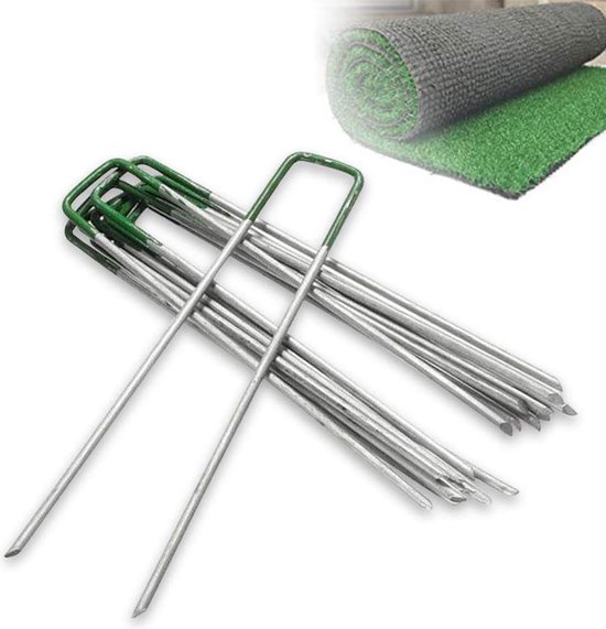 Tuin beveiligen haringen - 10 stuks - 15*3 cm - Groen - Gegalvaniseerd Staal- zware platte U-vormige sharingen - metalen gras pinnen - voor onkruid barrière stof van T