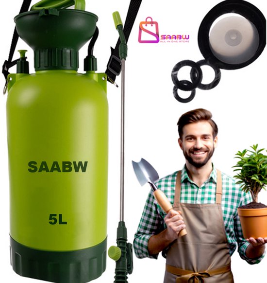 Tuin Drukspuit 5L met Lange Lans en 150cm Slang – Handdruk Vernevelaar met Draagriem – drukspuit – Groen - 55776 van Merkloos	
