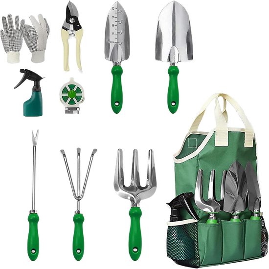 Tuin Gereedschap Set - 11-Delige Tuinaccessoires - Planten Verzorgen - Ergonomische Handvatten - 32 x 20 x 10 cm - Groen