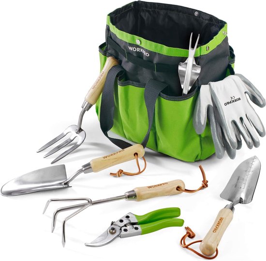 Tuin gereedschap set, 7 in 1 tuin gereedschap gemaakt van roestvrij staal met houten handvat, gereedschapstas inbegrepen. van T