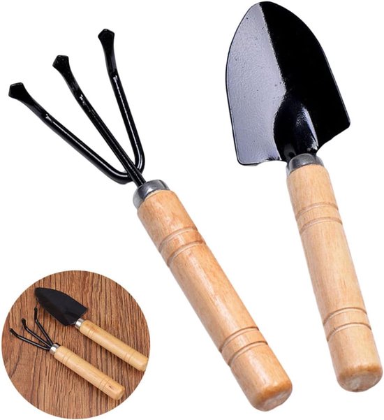 Tuin Gereedschap Set - Bonsai Schep Hark - Planten Verzorgen - Houten Handvat - 2 Stuks - Natuurlijk