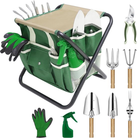 Tuin gereedschap set - Tuinieren set - Comfortabel tuinieren - Inclusief inklapbare kruk - 10 delig - Groen