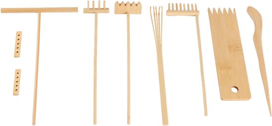 Tuin Rake Set - Zen Hout Gereedschap - Zand Tuin Onderhoud - 7 Delige Kit - 50 g - Natuurlijk Hout