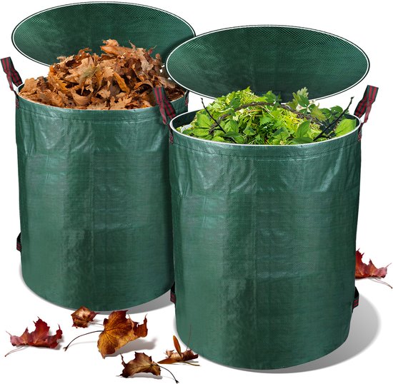 Tuinafvalzak met deksel 272 Liter Set van 2 - opvouwbare Tuinzak - Tuinafvalemmer - bladzakken - Zak voor Tuinafval - herbruikbaar - 76 x 67 cm - Groen